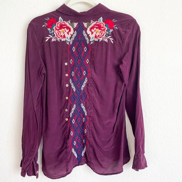 JOHNNY WAS Purple Floral Embroidered Long Sleeve Silk Top - Picture 6 of 12
